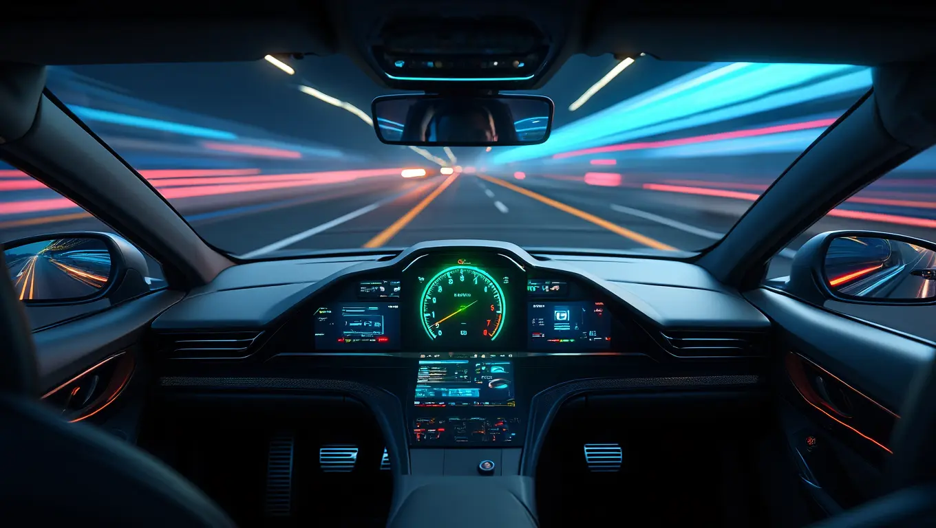 A futuristic car inside view visualizing the speed HUD.
