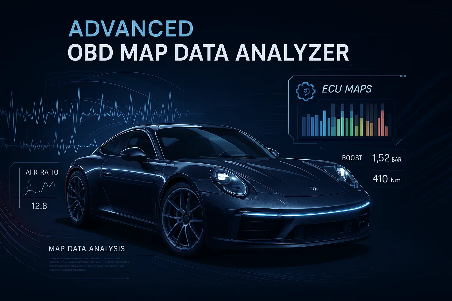 Futuristic electric sports car with digital overlays showing ECU map data, boost pressure, and AFR readings—representing an advanced OBD map data analyzer in action.