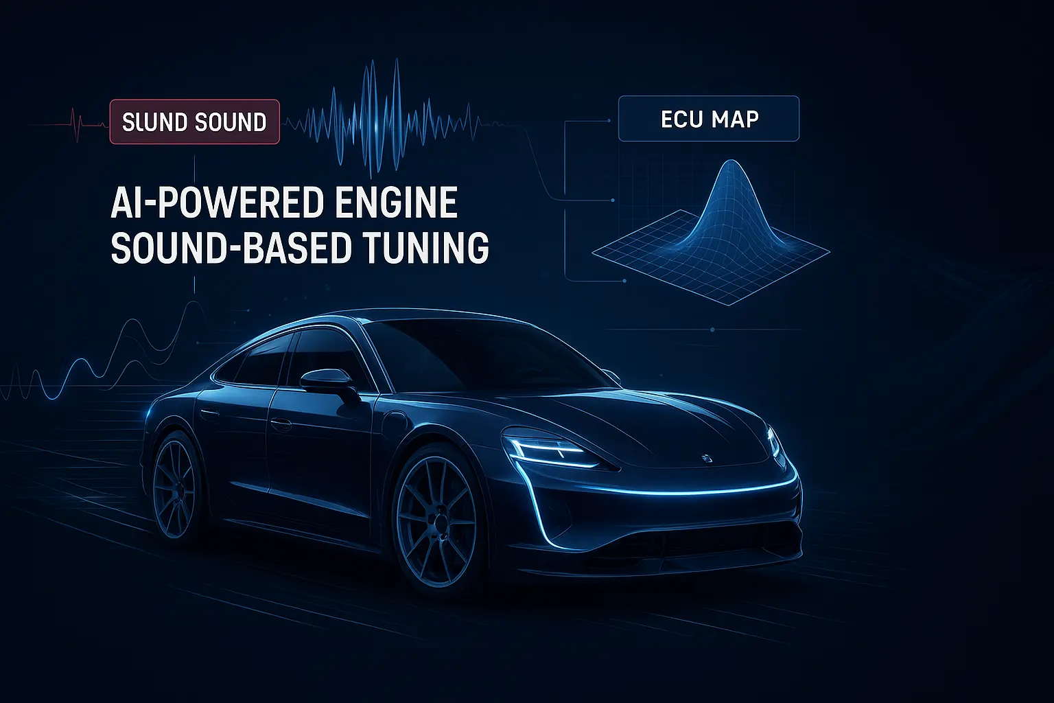 Futuristic sports car with AI-powered engine sound-based tuning visualization, showing real-time sound wave input and ECU map output in a high-tech environment.