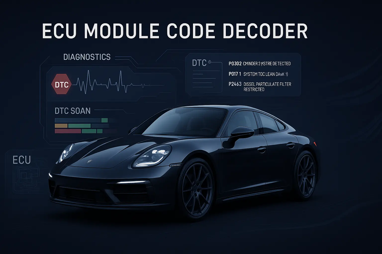 Futuristic black sports car with diagnostic overlays displaying ECU module code decoder data, including DTC codes, severity levels, and live scan charts.
