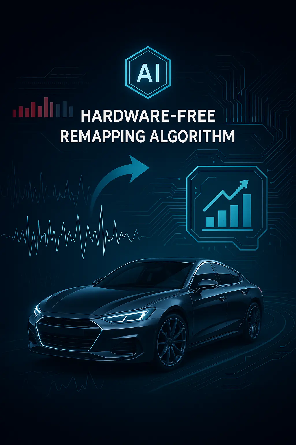 Futuristic concept car enhanced by a hardware-free ECU remap algorithm, with AI graphics, performance chart visuals, and digital waveform overlays in a high-tech environment