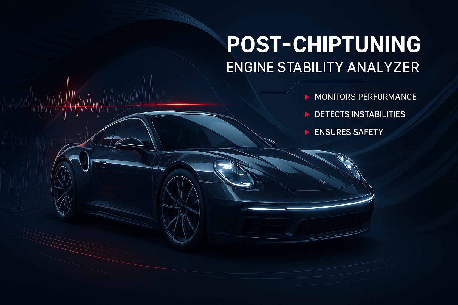 Futuristic sports car undergoing post-chiptuning engine stability analysis with performance metrics and diagnostic graphics in a high-tech environment.