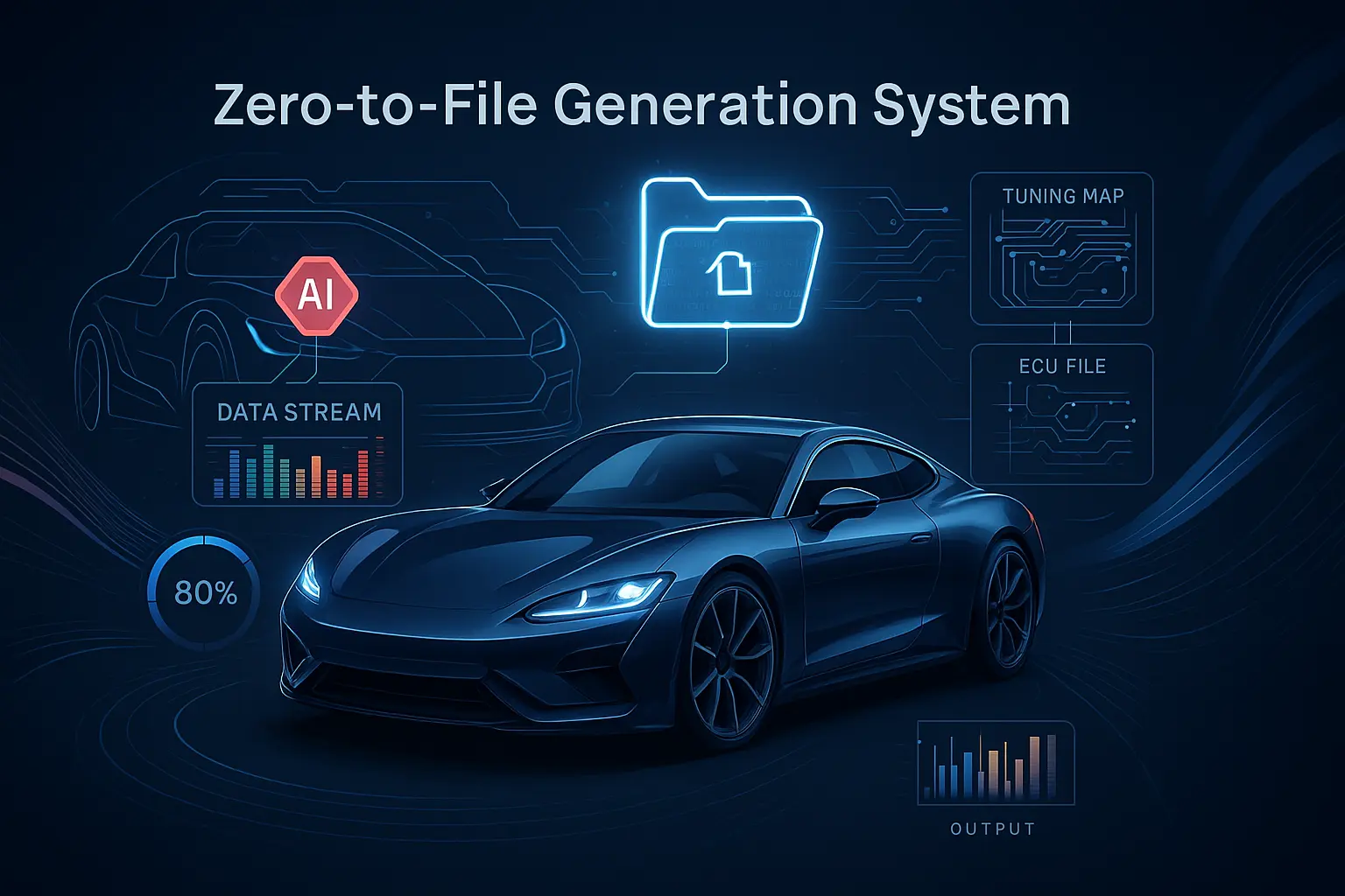 Futuristic sports car with digital AI-powered zero-to-file generation system interface, showing ECU file creation flow, tuning maps, and data stream analytics.
