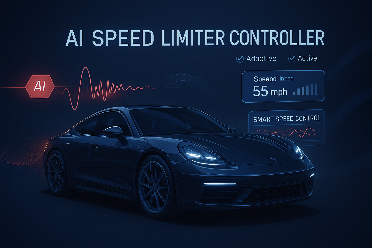 Futuristic dark blue sports car with AI speed limiter controller interface, showing adaptive speed control, real-time limit display, and waveform analysis.